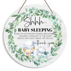 Baby Sleeping Sign for Front Door, Do Not Knock or Ring Doorbell Door Decorations, Rustic Wooden Hanging Sign for Farmhouse Porch Nursery, Wood Door Hanger for Outdoor, Kids Room Wall Decor -39