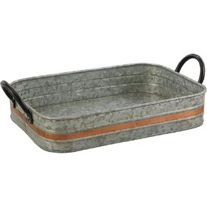 Galvanized Metal Serving Tray Iron Black Handles, Farmhouse Tray with Copper Strip, Decorative Centerpiece for Coffee Table or Dining Table, Rustic Utility Tray for All Purpose, Oval Tray…