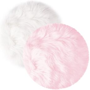 2Pack 12’’ Small Faux Fur Cushion Fluffy Plush Area Rug, Small Product Photo Background & Luxury Photo Props, Great for Tabletop Photography, Jewelry, Nail Art, Home Decor (Round, White + Pink)