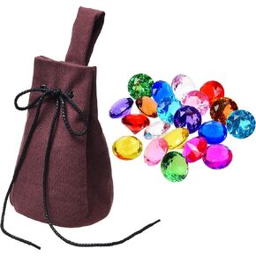 Eco-Fused Drawstring Belt Pouch with 20x Plastic Gems - Renaissance Purse Coin Bag Pirate Gemstones - Accessories Jewelry Pouch, LARP Waist Bag Cosplay Costume - Decorative Party Display Stones Brown