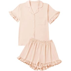 LYANER Women's Button Down V Neck Short Sleeve Ruffle Trim Top with Shorts Sleepwear Pajamas Set