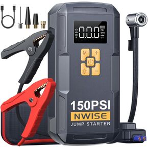 Portable Car Jump Starter with Air Compressor, 150PSI 2500A Jump Box Battery Pack (Up to 8L Gas/7L Diesel Engines) with Digital Tire Inflator,12V Booster Pack with Large LCD Display, Emergency Light