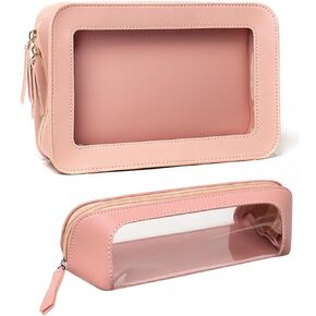 Clear and Waterproof Makeup Bag Portable Travel Cosmetic Case Organizer for Women Toiletry Pouch with Transparent Vinyl Windows & Zippers (Pink)