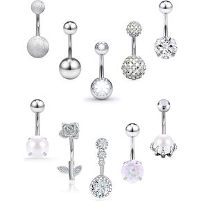 Vsnnsns 14G Belly Button Rings Belly Rings for Women Stainless Steel Belly Piercing Jewelry Surgical Steel Belly Button rings Curved Navel Ring Barbell CZ Body Jewelry Piercing 10 Pcs
