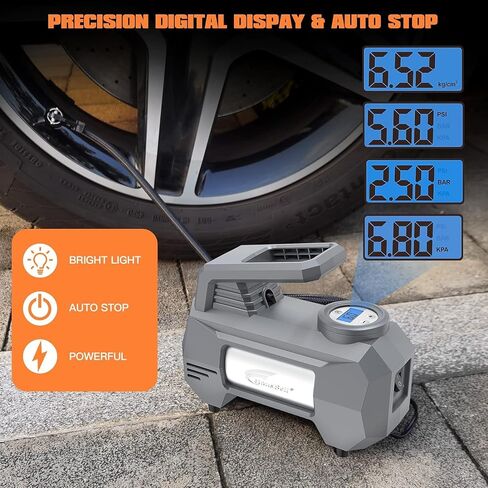 HAUSBELL tire inflator portable air compressor for car, portable air pump for car tires, Handle up to 4 Tires at a Time, 12V DC Car Air Pump, 150 PSI with Emergency LED Light, Black in Saudi Arabia