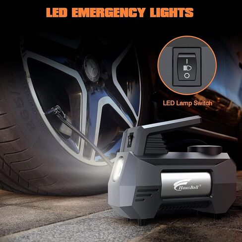 HAUSBELL tire inflator portable air compressor for car, portable air pump for car tires, Handle up to 4 Tires at a Time, 12V DC Car Air Pump, 150 PSI with Emergency LED Light, Black in Saudi Arabia