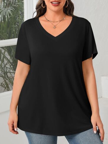Womens Plus Size V Neck T Shirts Summer Short Sleeve Sexy Tops Casual Loose Fit Soft Basic Tees in Kuwait