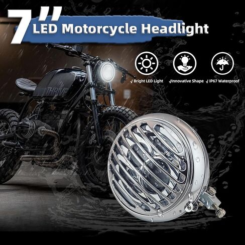 مصباح أمامي للدراجة النارية مقاس 7 بوصات مع قناع، ضوء دائري عتيق مقاس 7 بوصات مناسب عالميًا لـ Harley Cafe Racer Touring Road King Softail Ultra Classic Electra Fatboy - حامل سفلي من الكروم in Kuwait