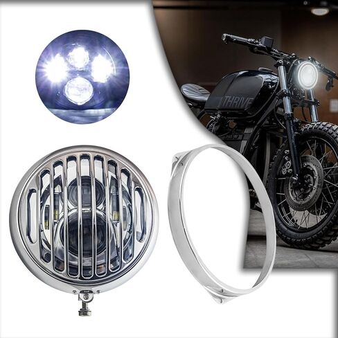 مصباح أمامي للدراجة النارية مقاس 7 بوصات مع قناع، ضوء دائري عتيق مقاس 7 بوصات مناسب عالميًا لـ Harley Cafe Racer Touring Road King Softail Ultra Classic Electra Fatboy - حامل سفلي من الكروم in Kuwait