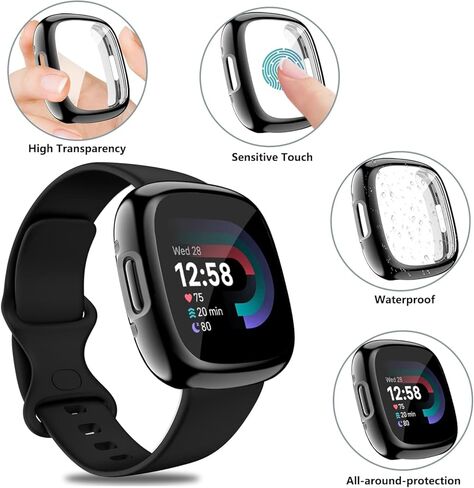 حافظة HANKN مكونة من قطعتين متوافقة مع واقي شاشة Fitbit Versa 2، غطاء حماية كامل من مادة TPU الناعمة وإطار Versa 2 Smartwatch (أسود + أسود) in Saudi Arabia