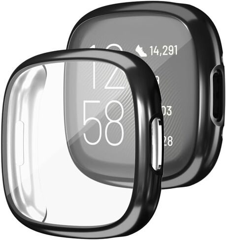 حافظة HANKN مكونة من قطعتين متوافقة مع واقي شاشة Fitbit Versa 2، غطاء حماية كامل من مادة TPU الناعمة وإطار Versa 2 Smartwatch (أسود + أسود) in Saudi Arabia