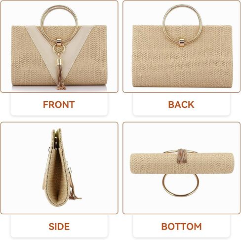 Simcat حقيبة يد من القش حقيبة مسائية بمقبض للنساء، حقيبة يد أنيقة للصيف على الشاطئ ومقبض علوي من القش مع سلسلة in Kuwait