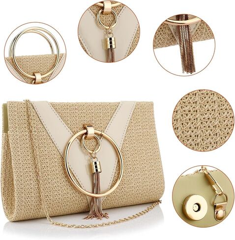 Simcat حقيبة يد من القش حقيبة مسائية بمقبض للنساء، حقيبة يد أنيقة للصيف على الشاطئ ومقبض علوي من القش مع سلسلة in Kuwait