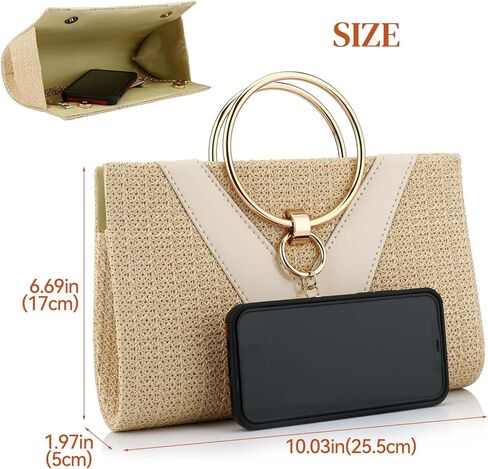 Simcat حقيبة يد من القش حقيبة مسائية بمقبض للنساء، حقيبة يد أنيقة للصيف على الشاطئ ومقبض علوي من القش مع سلسلة in Kuwait