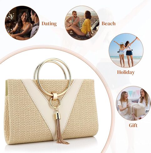 Simcat حقيبة يد من القش حقيبة مسائية بمقبض للنساء، حقيبة يد أنيقة للصيف على الشاطئ ومقبض علوي من القش مع سلسلة in Kuwait