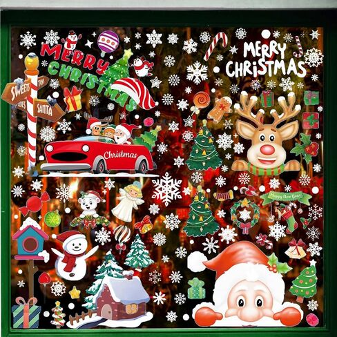 BAIWOVIS Christmas Window Clings PVC 2024 - Snowflakes Sata Claus Christmas Window Stickers,Xmas Decals for Home and Shop Christams Decoration (30x45cm x 1 Sheets, 010) in Saudi Arabia