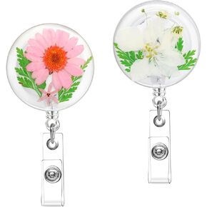 Flower Badge Reel, Kaluofan 4PCS Convenient Badge Reels Retractable, Nurse Badge Reel, Handmade Dried Flower Resin Badge Reel for Nurse Doctor Teacher Student Office Worker