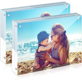HELPLEX Acrylic Frame, 2 Pack 6x8 Acrylic Picture Frames, 24mm Thicker Frameless Clear Frame Double Sided Magnetic Frame, Free Standing Desktop Display Stand Acrylic Frames