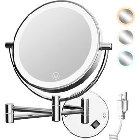 YMHSOLDR Lighted Makeup Mirror Wall Mounted with 3 Color Lights & Stepless Dimming, Double Sided Magnifying Cosmetic Mirror 1X/10X,Touch Sensor Extendable Arm 360° Swivel Bathroom Mirror
