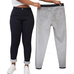 بنطلون جينز نسائي مقاس كبير مبطن بالصوف للشتاء الحراري من قماش الدنيم in Kuwait