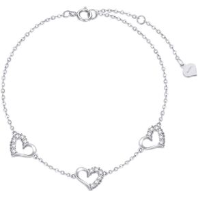 SISGEM Real 10k Gold Three Heart Bracelet for Women, 10 kt Gold Cubic Zirconia Love Wrist Jewelry Gifts for Sister/Wife/Girlfriend, Present for Her, 6.8-8.4 Inch