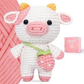 مجموعة Mewaii Crochet للمبتدئين، مجموعة أدوات كروشيه كاملة DIY للحيوانات مع 40%+ من خيوط الشريط التي تم البدء بها مسبقًا، دروس فيديو خطوة بخطوة للبالغين والأطفال، بقرة فراولة وعينة من القطيفة in Kuwait