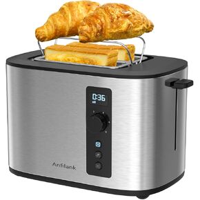 Anfilank Extra Wide Slot 2-Slice Toaster with Digital Countdown Timer, 6 Browning Settings, Built-in Warming Rack, Cancel/Bagel/Defrost Functions, Stainless Steel