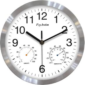 Non Ticking Silent Wall Clock, 10 Inch, Black, Quartz Analog, Battery Operated, with Thermometer and Hygrometer, Easy Installation