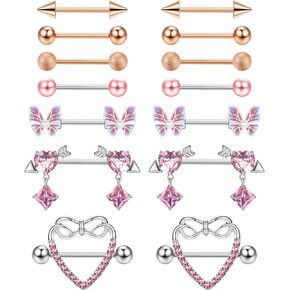 FIASASO 7 أزواج من حلقات الحلمة للنساء من الفولاذ الجراحي للحلمات مع قلب لطيف على شكل فراشة تشيكوسلوفاكيا الحديد مجموعة ثقب الحلمة مجوهرات ثقب الجسم 14 Guage in Kuwait