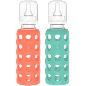Lifefactory 9oz Glass Baby Bottle 2pk Bundle with 2 Stage 3 Nipples (Kale/Raspberry)