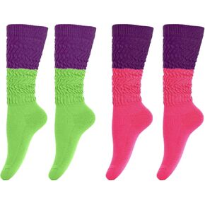 2 Pairs Women Slouch Socks 80s Neon Extra Long Scrunch Socks Slouch Thick Knee High Socks Knit Boot Socks Size 9 to 11