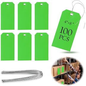 100 Pieces 4x8 inch Large Plastic Tags with Wires Heavy Duty Waterproof Shipping Tags with String Writable Blank Hang Tags for Luggage Garage Inventory Car Parts (Green)
