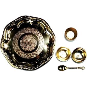 ASHIRWAD Pure Brass Laddu Gopal Shri Krishna Bhog Thali Set Nakashi Flower Peacock Design Puja Plate Embossed Aarti Puja Meenakari Pital (Set-2)