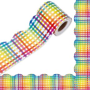 32.8Ft Buffalo Plaid Bulletin Board Border Pastel Pink Blue Yellow Green Plaid Die Cut Trim Border Roll for Easter Spring Classroom Chalkboard School