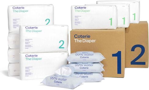 Coterie Baby Diapers + Wipes Baby Kit, Size 1 (198 Count) + 4 Wipe Packs (224 Wipes) Made with Plant-Based Fibers, Hypoallergenic, Designed for Sensitive Skin, Clean Ingredients in Kuwait