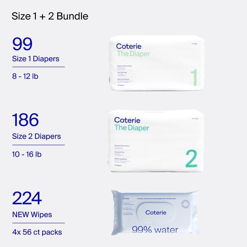 Coterie Baby Diapers + Wipes Baby Kit, Size 1 (198 Count) + 4 Wipe Packs (224 Wipes) Made with Plant-Based Fibers, Hypoallergenic, Designed for Sensitive Skin, Clean Ingredients in Kuwait