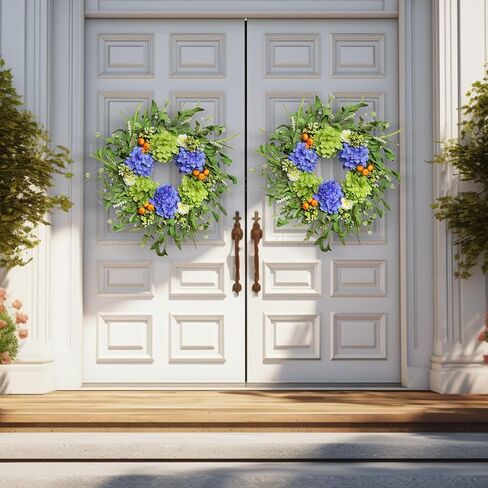 Spring Wreaths for Front Door, Soomeir Summer Door Wreath Outside, Artificial Hydrangea Wreaths for All Seasons, Indoors, Home, Farmhouse, Window, Wedding in Kuwait