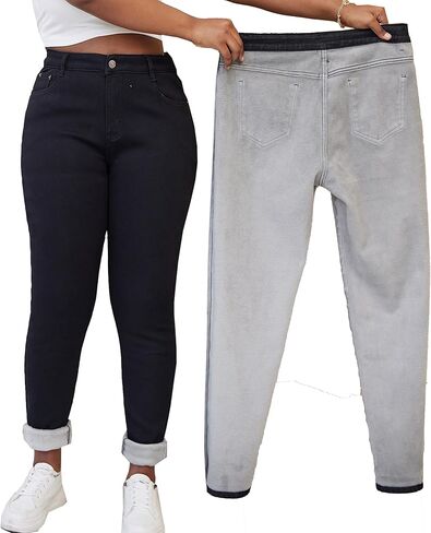 بنطلون جينز نسائي مقاس كبير مبطن بالصوف للشتاء الحراري من قماش الدنيم in Kuwait