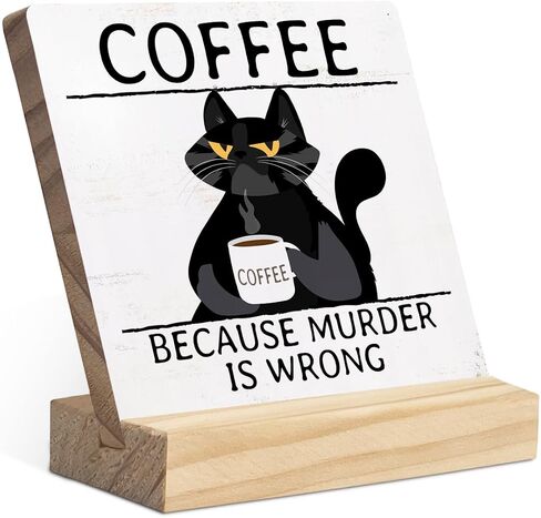 لوحة خشبية من Cat I'm Fine Everything is Fine Wood مع حامل خشبي، لوحة خشبية على شكل قطة سوداء مضحكة لتزيين مكتب ديكورات رف طاولة المكتب المنزلي in Kuwait