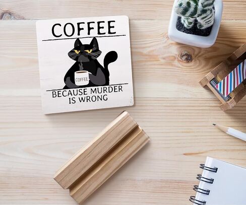 لوحة خشبية من Cat I'm Fine Everything is Fine Wood مع حامل خشبي، لوحة خشبية على شكل قطة سوداء مضحكة لتزيين مكتب ديكورات رف طاولة المكتب المنزلي in Kuwait