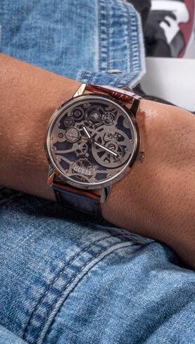GUESS Men's 42mm Watch - Black Strap Skeleton Dial Gold Tone Case in Saudi Arabia