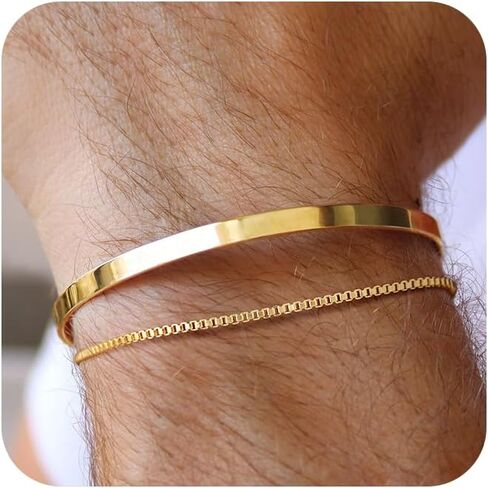 Moodear Stackable Bracelets for Men, 925 Sterling Silver/14K Gold Plated Bracelet Sets Dainty Chain Bangle Cuff Bracelet for Boys Snake Box Cuban Link Adjustable Bracelet for Mens Jewelry in Saudi Arabia