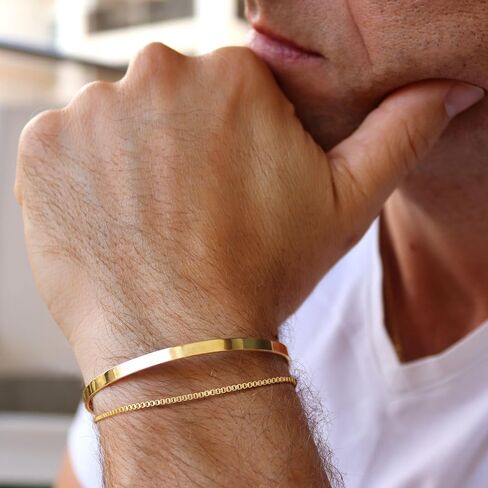 Moodear Stackable Bracelets for Men, 925 Sterling Silver/14K Gold Plated Bracelet Sets Dainty Chain Bangle Cuff Bracelet for Boys Snake Box Cuban Link Adjustable Bracelet for Mens Jewelry in Saudi Arabia