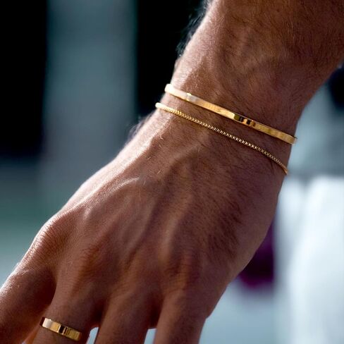 Moodear Stackable Bracelets for Men, 925 Sterling Silver/14K Gold Plated Bracelet Sets Dainty Chain Bangle Cuff Bracelet for Boys Snake Box Cuban Link Adjustable Bracelet for Mens Jewelry in Saudi Arabia
