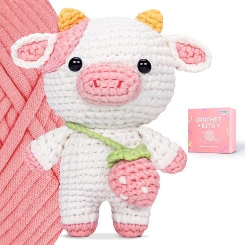 Mewaii Crochet Kit for Beginners, Complete DIY Crochet Kit Animals with 40%+ Pre-Started Tape Yarn Step-by-Step Video Tutorials for Adults and Kids,Strawberry Cow and Sample Plush in Saudi Arabia