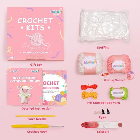 Mewaii Crochet Kit for Beginners, Complete DIY Crochet Kit Animals with 40%+ Pre-Started Tape Yarn Step-by-Step Video Tutorials for Adults and Kids,Strawberry Cow and Sample Plush in Saudi Arabia