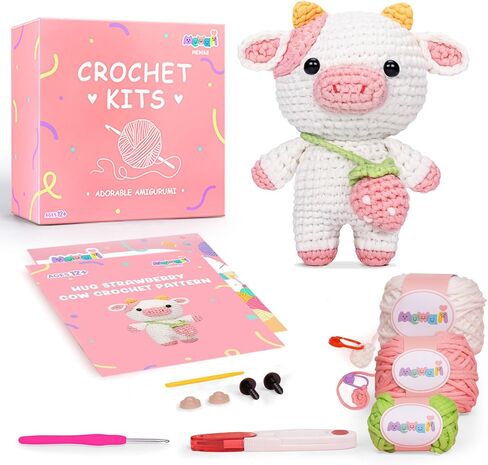 Mewaii Crochet Kit for Beginners, Complete DIY Crochet Kit Animals with 40%+ Pre-Started Tape Yarn Step-by-Step Video Tutorials for Adults and Kids,Strawberry Cow and Sample Plush in Saudi Arabia