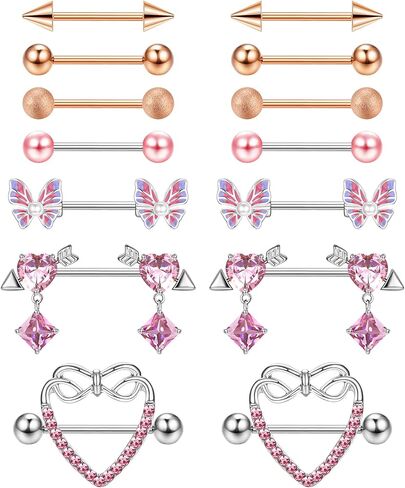 FIASASO 7 أزواج من حلقات الحلمة للنساء من الفولاذ الجراحي للحلمات مع قلب لطيف على شكل فراشة تشيكوسلوفاكيا الحديد مجموعة ثقب الحلمة مجوهرات ثقب الجسم 14 Guage in Kuwait