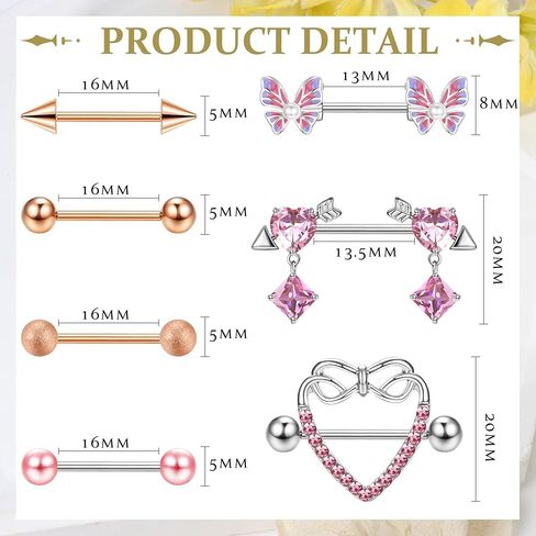 FIASASO 7 أزواج من حلقات الحلمة للنساء من الفولاذ الجراحي للحلمات مع قلب لطيف على شكل فراشة تشيكوسلوفاكيا الحديد مجموعة ثقب الحلمة مجوهرات ثقب الجسم 14 Guage in Kuwait