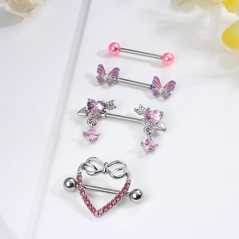 FIASASO 7 أزواج من حلقات الحلمة للنساء من الفولاذ الجراحي للحلمات مع قلب لطيف على شكل فراشة تشيكوسلوفاكيا الحديد مجموعة ثقب الحلمة مجوهرات ثقب الجسم 14 Guage in Kuwait